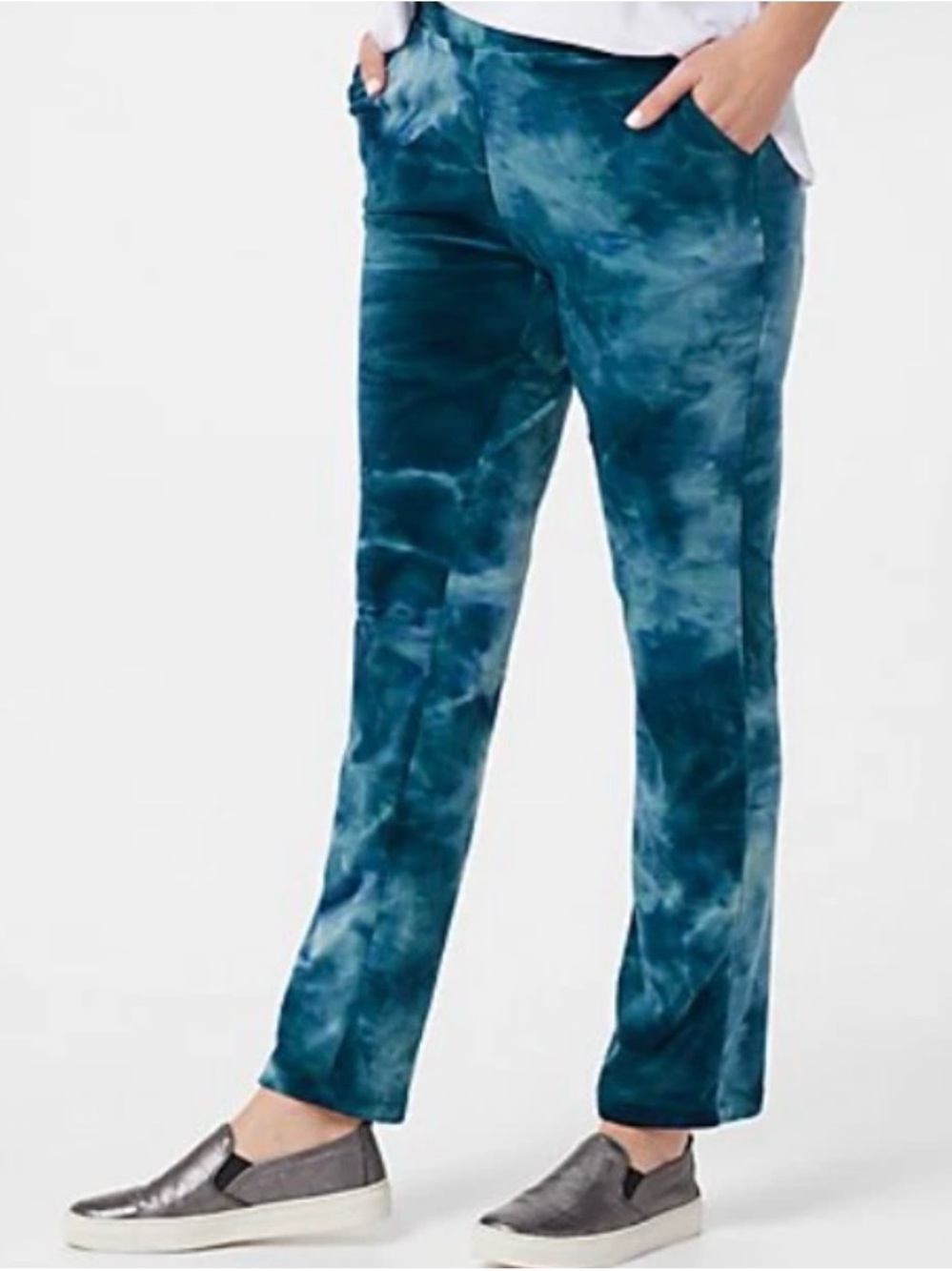 LOGO by Lori Goldstein Pants Women XLP Blue Tie-Dye Velour Straight Leg Ankle